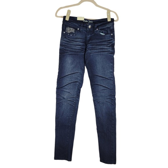 Kaba Jeans Skinny Embellished Crinkled Low Rise Stretch size 0 NWT - Picture 1 of 10